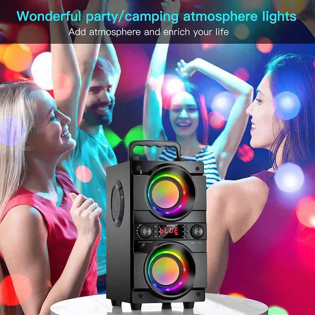 Alt view image 7 of 7 - 60W (80W Peak) Portable Bluetooth Speaker with Double Subwoofer Heavy Bass, Bluetooth 5.0 Wireless 100ft Outdoor Speaker, Support FM Radio, LED Colorful Lights, Stereo Sound, for Home, Party, Travel