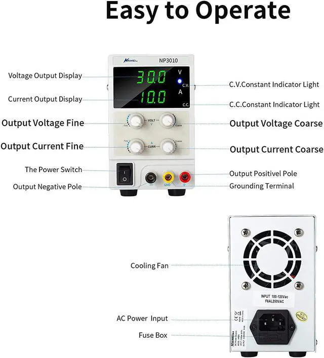 Alt view image 2 of 7 - DC Bench Power Supply Variable, 3-Digital LED Display 30V 10A Switching Power Supply with Free Alligator Clip US Power Cord for Lab Equipment, DIY Tool, Repair
