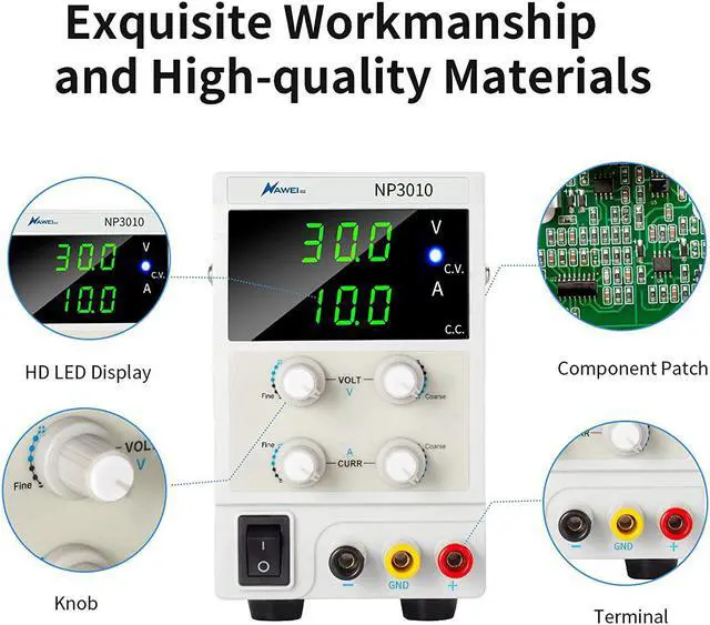 Alt view image 3 of 7 - DC Bench Power Supply Variable, 3-Digital LED Display 30V 10A Switching Power Supply with Free Alligator Clip US Power Cord for Lab Equipment, DIY Tool, Repair