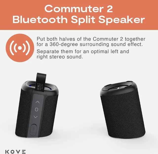 Alt view image 2 of 7 - KOVE Commuter 2 - Black Bluetooth Speakers, Portable, Wireless with HD Louder Volume, Deep Bass Subwoofer, Microphone, IPX7 Water Resistant - Boom Box for Home, Outdoor or Travel, Split Speaker