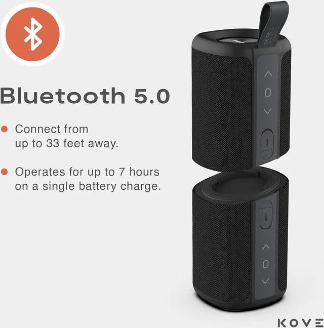 Alt view image 5 of 7 - KOVE Commuter 2 - Black Bluetooth Speakers, Portable, Wireless with HD Louder Volume, Deep Bass Subwoofer, Microphone, IPX7 Water Resistant - Boom Box for Home, Outdoor or Travel, Split Speaker