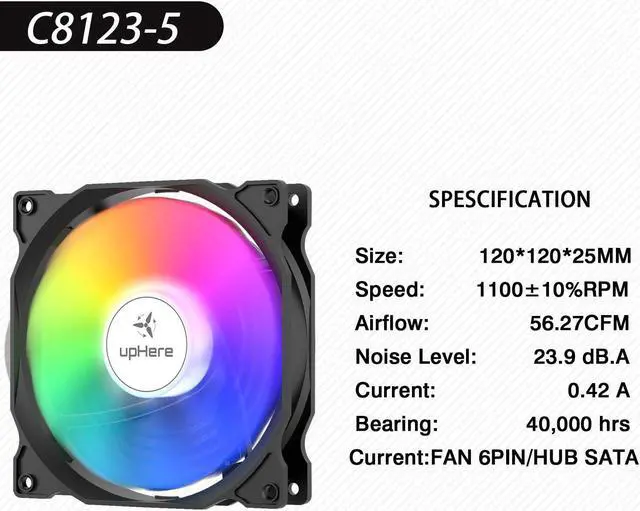 Alt view image 6 of 7 - upHere RGB LED 120mm Case Fan,Quiet Edition High Airflow Adjustable Color LED Case Fan for PC Cases, CPU Coolers,Radiators System,5-Pack / C8123