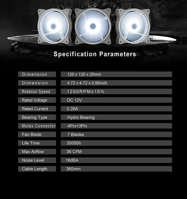 Alt view image 4 of 7 - 120mm Computer PC Cooling Fan White LED Game Case Cooler Fan Quiet 12V Computer PC Fan with Triple Light Loop 3-Pack