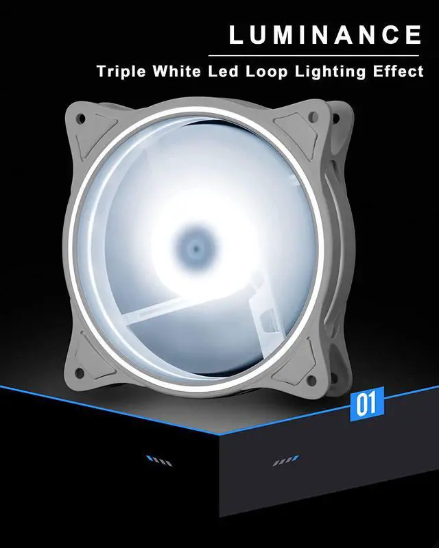 Alt view image 2 of 7 - 120mm Computer PC Cooling Fan White LED Game Case Cooler Fan Quiet 12V Computer PC Fan with Triple Light Loop 3-Pack