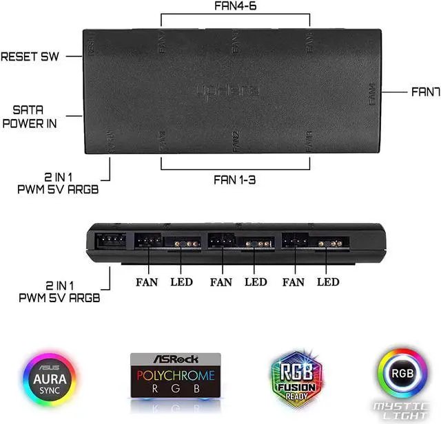 Alt view image 7 of 7 - upHere 7-Port 4PIN SATA PWM 5V 3PIN ADDRESSABLE RGB Fan Hub/Splitter for 4-Pin & 3-Pin Case Fans in Black-P7PRGB