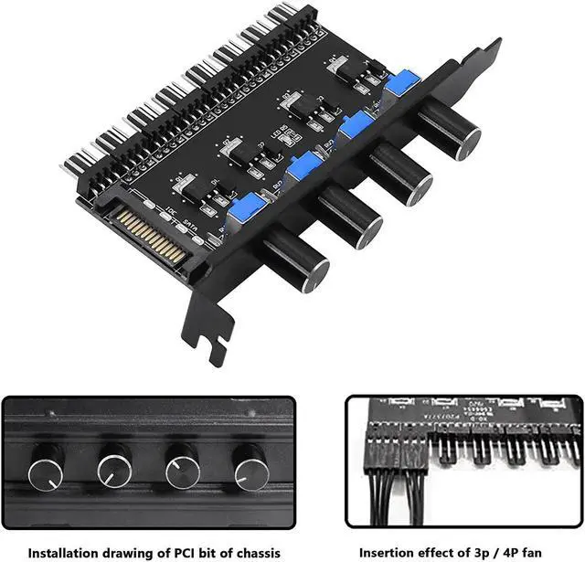 Alt view image 2 of 7 - 4 Knob Cooling Fan Speed Controller PC 8 Channels Fan Hub for CPU Case HDD VGA PWM Fan PCI Bracket 12V Fan Control- SATA Power Supply (SATA 4 Knob)