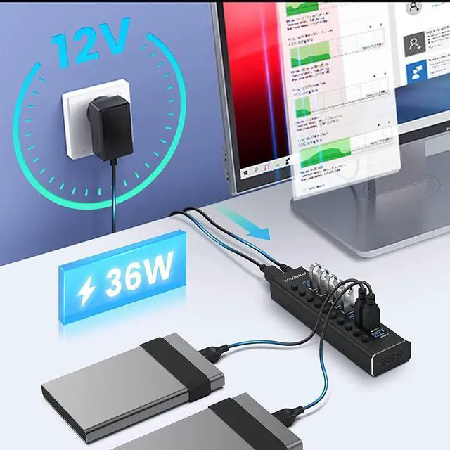 Alt view image 2 of 7 - Powered USB Hub, Rosonway Aluminum 10 Port USB 3.0 Data Hub with 36W (12V/3A) Power Adapter and Individual On/Off Switches USB Splitter(RSH-A10)