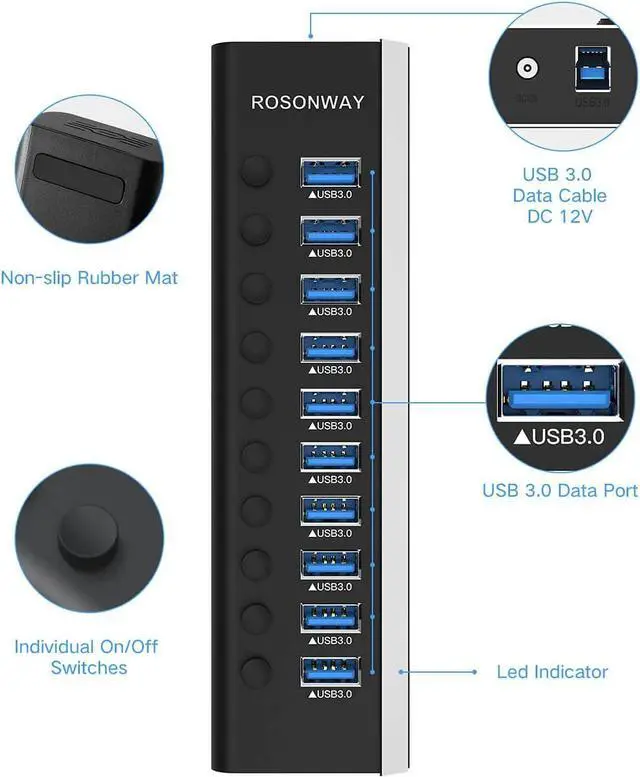 Alt view image 7 of 7 - Powered USB Hub, Rosonway Aluminum 10 Port USB 3.0 Data Hub with 36W (12V/3A) Power Adapter and Individual On/Off Switches USB Splitter(RSH-A10)