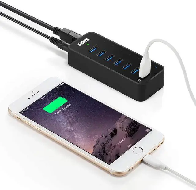 Alt view image 3 of 6 - Powered USB Hub for Laptop 7 Ports USB 3.0 Data Hub with 36W Power Adapter and BC 1.2 Charging Port for iPhone 7/6s Plus iPad Air 2 Galaxy S Series Note Series Mac PC USB-Flash Drives