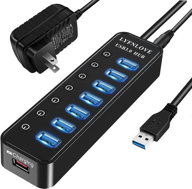 Main image of USB Hub 3.0 Powered, LYFNLOVE USB Extender Multiple USB Port USB Hub Splitter for Laptop PC with Power Adapter and 1 Charging Port, USB Expander with On/Off Switches for MacBook, iMac, Surface Pro