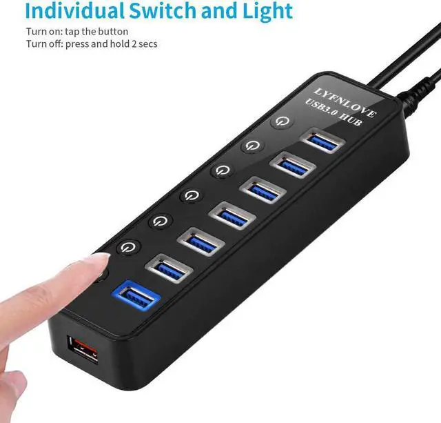 Alt view image 4 of 7 - USB Hub 3.0 Powered, LYFNLOVE USB Extender Multiple USB Port USB Hub Splitter for Laptop PC with Power Adapter and 1 Charging Port, USB Expander with On/Off Switches for MacBook, iMac, Surface Pro
