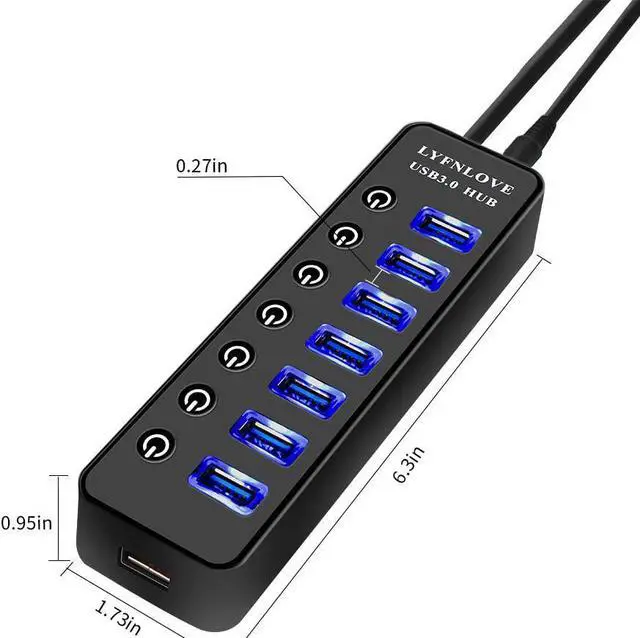 Alt view image 7 of 7 - USB Hub 3.0 Powered, LYFNLOVE USB Extender Multiple USB Port USB Hub Splitter for Laptop PC with Power Adapter and 1 Charging Port, USB Expander with On/Off Switches for MacBook, iMac, Surface Pro