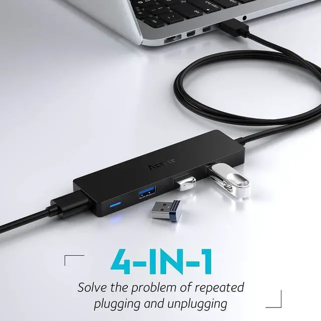 Alt view image 2 of 7 - USB Hub 3.0 Splitter with 4ft Extension Long Cable Cord 4-Port Ultra-Slim Multiport Expander for Desktop Computer PC Laptop Chromebook Mac Mini iMac PS4 Flash Drive Data and More