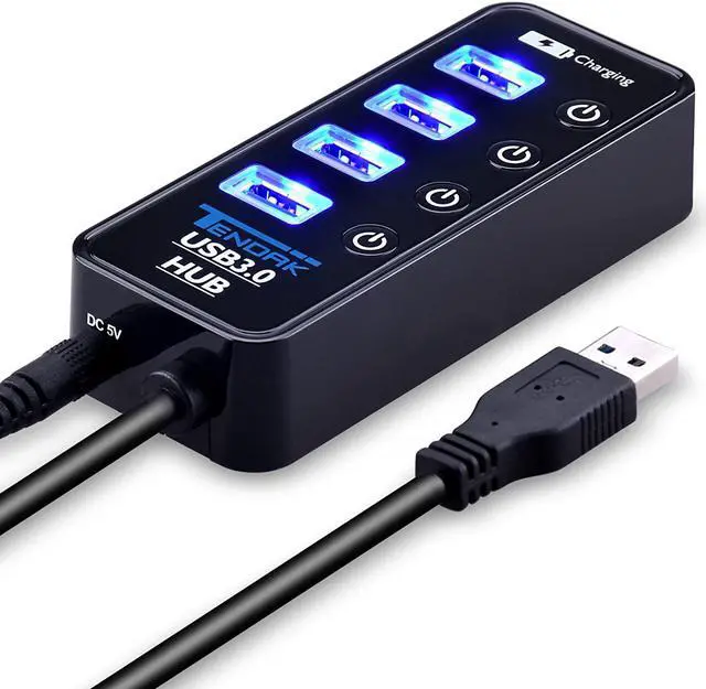 Alt view image 3 of 7 - USB 3.0 Hub, Tendak USB Hub with 4 USB 3.0 Data Ports + 1 USB Smart Charging Port and Power Supply Adapter with Individual On/Off Port Switches for PS4 Pro PS4 Slim Xbox One