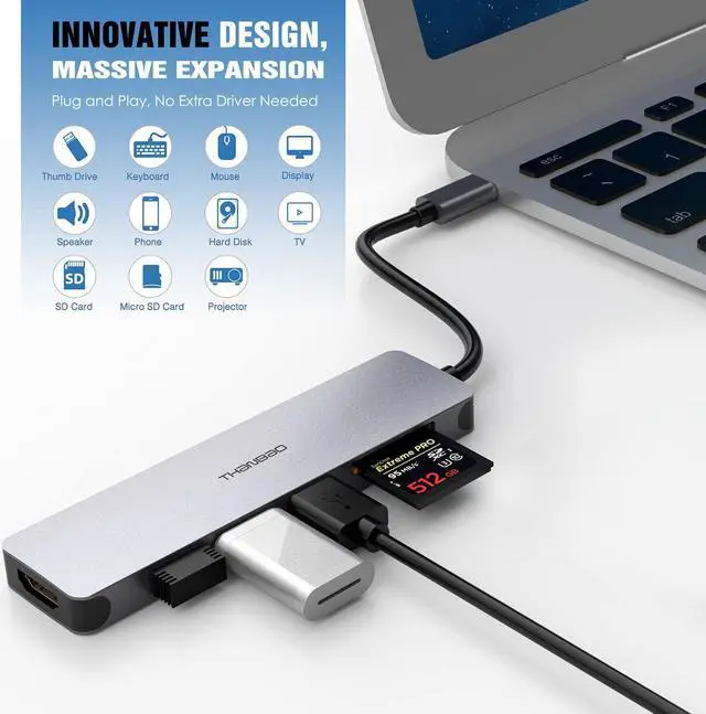 Alt view image 2 of 7 - USB C Hub Multiport Adapter - 7 in 1 Portable Space Aluminum Dongle with 4K HDMI Output 3 USB 3.0 Ports SD/TF Card Reader Compatible for MacBook Pro XPS More Type C Devices