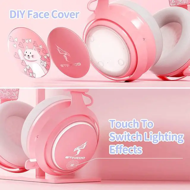 Alt view image 3 of 6 - Pink Gaming Headset GS510, Wired, Over Ear, Cat Ear Design with RGB Lighting, 7.1 Surround Sound, Retractable Mic, Compatible with PC, PS4, PS5