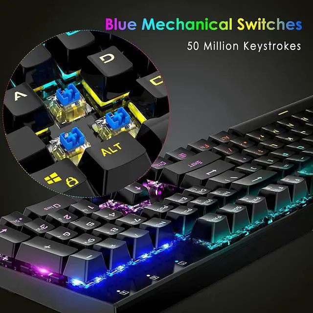 Alt view image 2 of 6 - E T Mechanical Gaming Keyboard RGB Backlit Keys Computer Keyboard, 16.8 Million Color 104 Keys Blue Switch Wired Gaming Keyboards Full Size, Aluminum Base USB Keyboard for PC Gamer Laptop