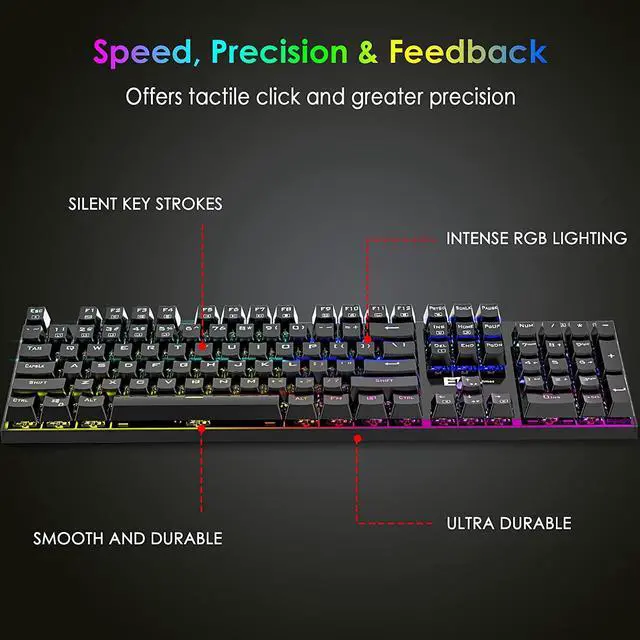Alt view image 6 of 6 - E T Mechanical Gaming Keyboard RGB Backlit Keys Computer Keyboard, 16.8 Million Color 104 Keys Blue Switch Wired Gaming Keyboards Full Size, Aluminum Base USB Keyboard for PC Gamer Laptop