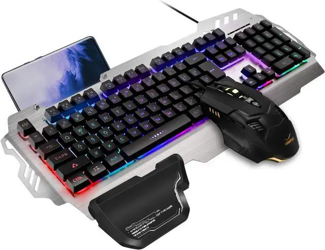 Main image of FENIFOX Gaming Keyboard and Mouse, Wired Backlit Rainbow Ergonomic Mechanical Feeling Led Removable Hand Rest Metal Panel,for Windows PC Gamer PS4 Xbox one