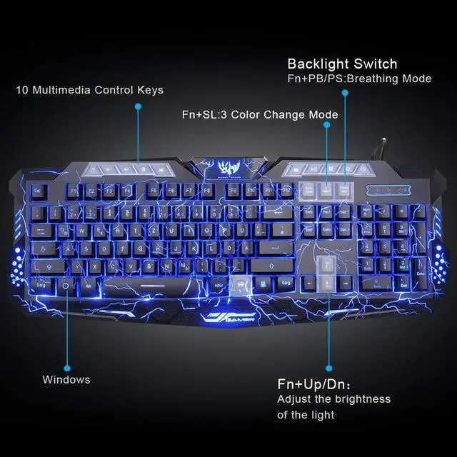 Alt view image 5 of 7 - Gaming Keyboard and Mouse,USB Wired Backlit Gaming Mouse and Keyboard Combo,Letters Glow, 3 Color Crack Backlit,Illumination Keyboard and Mouse Set for Game and Work