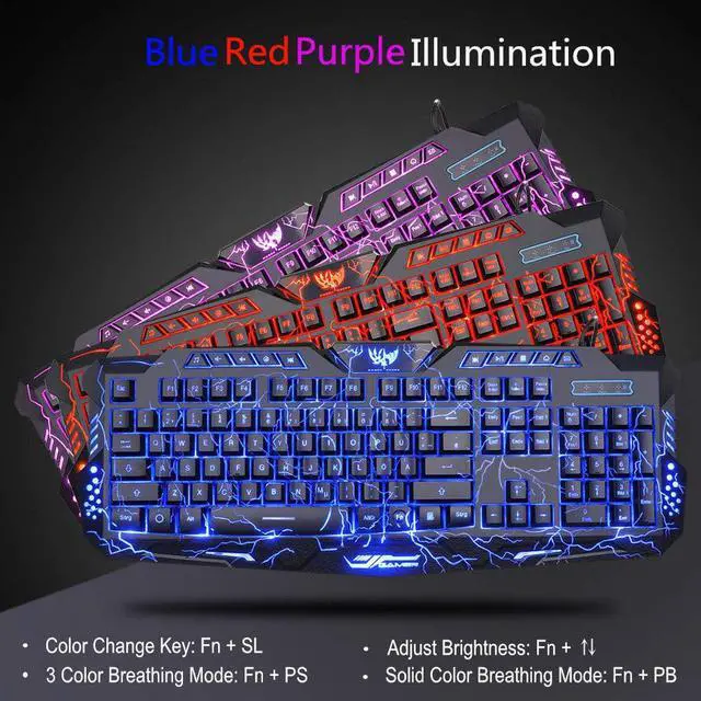 Alt view image 2 of 7 - Backlit Gaming Keyboard and Mouse and LED Headset Combo,USB Wired 3 Color Crack Backlit Keyboard,Blue LED Light Gaming Headset,Gaming Keyboard Mouse Headphone Set for Work and Game
