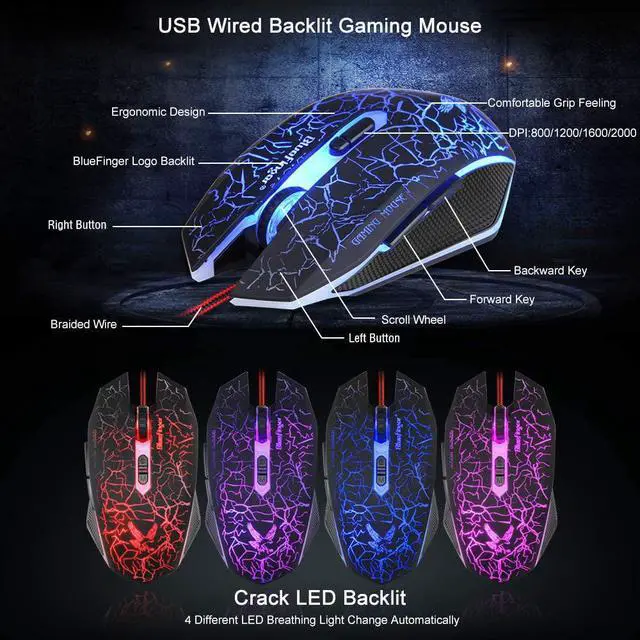 Alt view image 6 of 7 - Backlit Gaming Keyboard and Mouse and LED Headset Combo,USB Wired 3 Color Crack Backlit Keyboard,Blue LED Light Gaming Headset,Gaming Keyboard Mouse Headphone Set for Work and Game