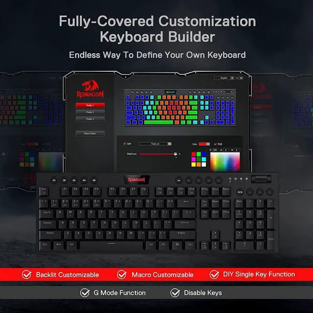 Alt view image 7 of 7 - Redragon K618 Horus Wireless RGB Mechanical Keyboard, Bluetooth/2.4Ghz/Wired Tri-Mode Ultra-Thin Low Profile Gaming Keyboard w/No-Lag Cordless Connection, Dedicated Media Control & Linear Red Switch