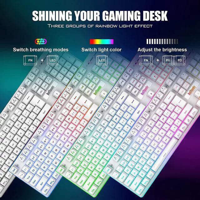 Alt view image 4 of 7 - K10 Wireless Gaming Keyboard and Mouse Combo, LED Backlit Rechargeable 3800mAh Battery, Mechanical Feel Anti-ghosting Keyboard + 7D 3200DPI Mice for PC Gamer (White)