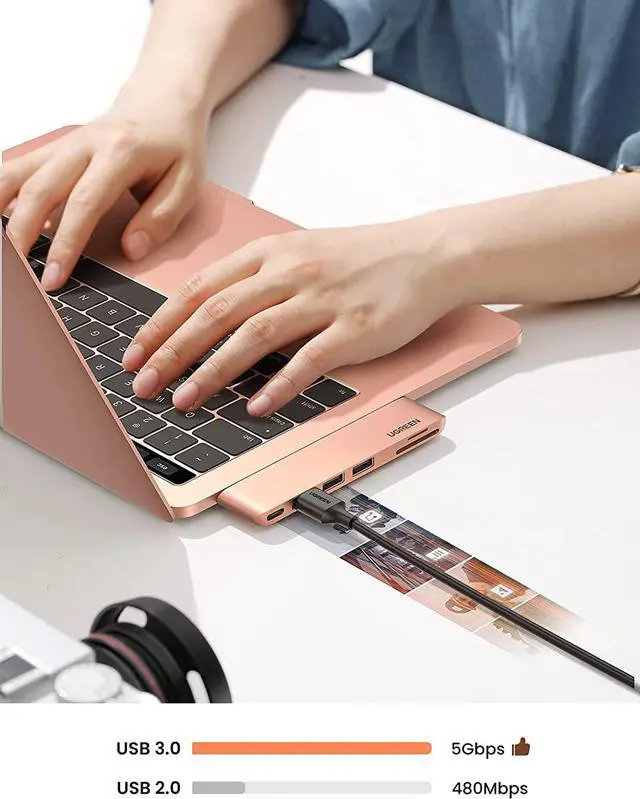 Alt view image 3 of 7 - UGREEN USB C Hub for MacBook Aluminum Type C Adapter with 3 USB 3.0 100W USB C Power Delivery Micro SD SD Card Reader Compatible for MacBook Pro Air M1 2020 2019 2018 2017, Gold