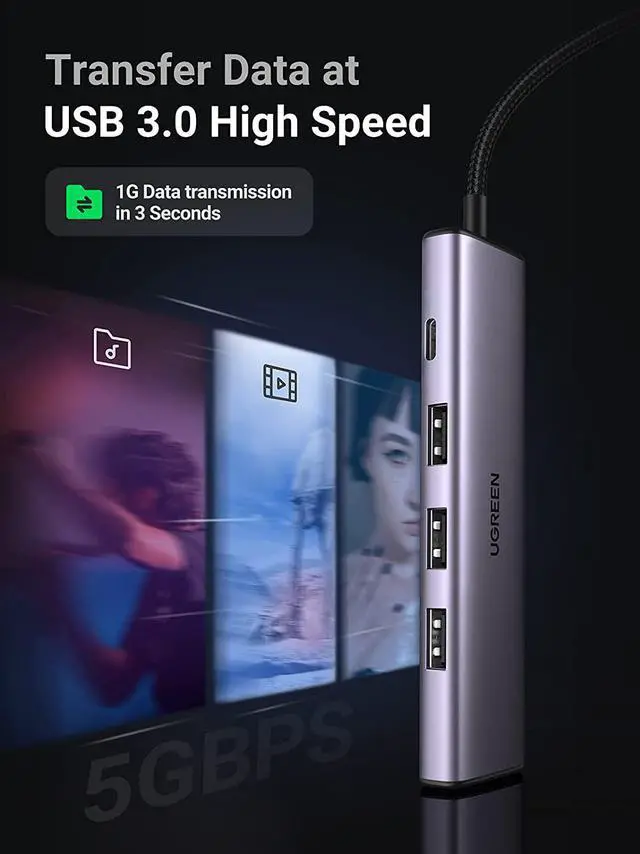 Alt view image 2 of 7 - UGREEN Powered USB 3.0 Hub 4-Port, Aluminum Ultra-Slim Data USB Hub,Charging Supported USB multiport Adapter Compatible with MacBook Pro, iMac Pro, Surface Pro,Laptop, PC, Flash Drive, Mobile HDD