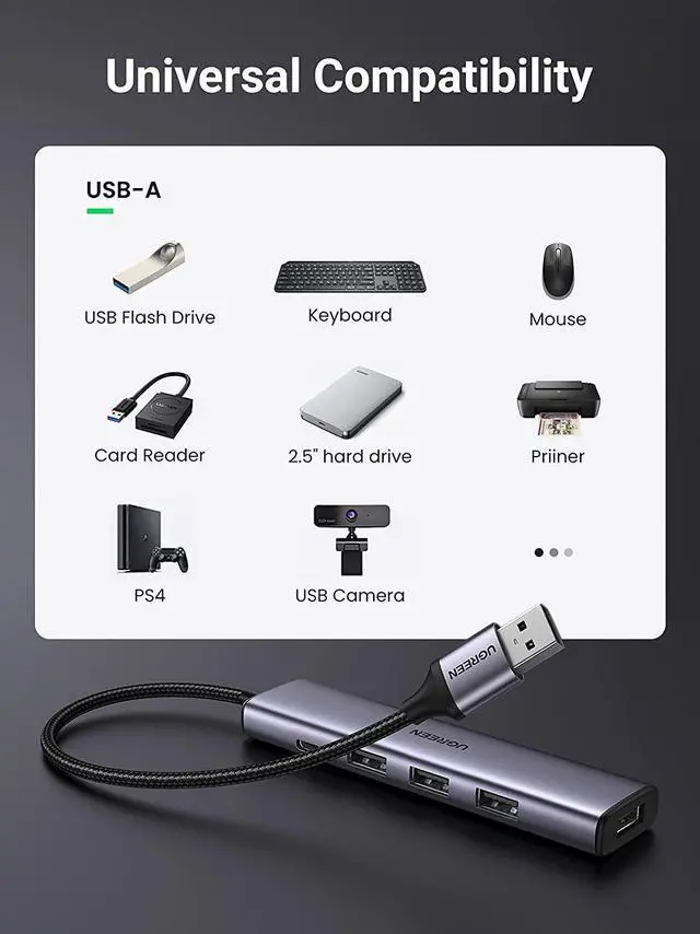 Alt view image 4 of 7 - UGREEN Powered USB 3.0 Hub 4-Port, Aluminum Ultra-Slim Data USB Hub,Charging Supported USB multiport Adapter Compatible with MacBook Pro, iMac Pro, Surface Pro,Laptop, PC, Flash Drive, Mobile HDD
