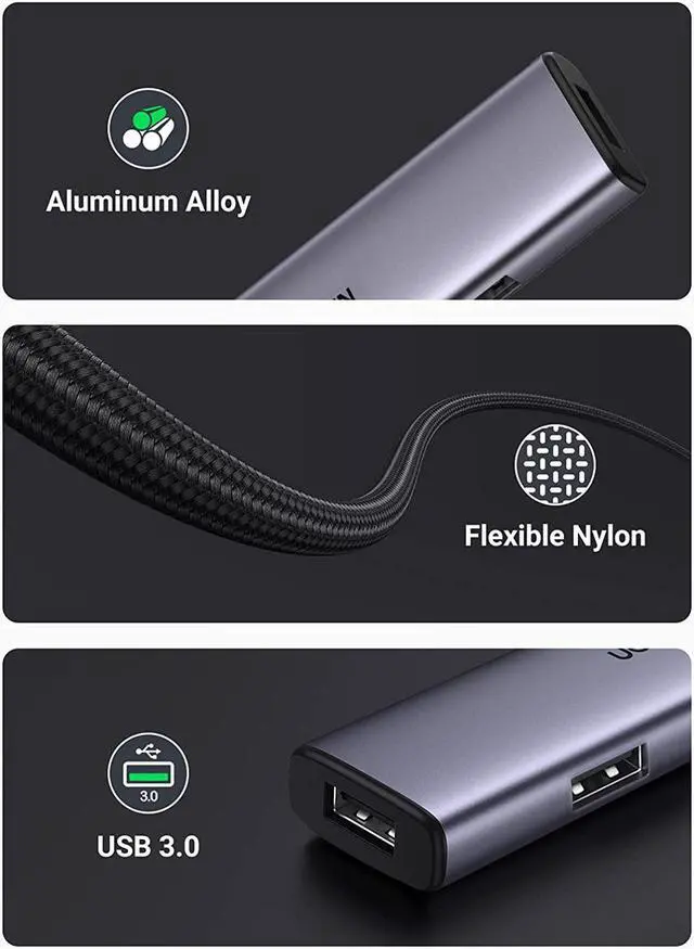 Alt view image 6 of 7 - UGREEN Powered USB 3.0 Hub 4-Port, Aluminum Ultra-Slim Data USB Hub,Charging Supported USB multiport Adapter Compatible with MacBook Pro, iMac Pro, Surface Pro,Laptop, PC, Flash Drive, Mobile HDD