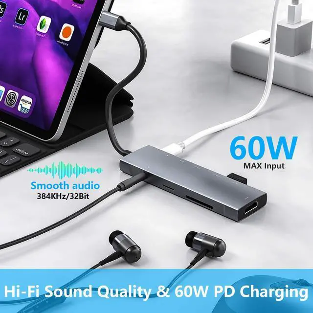Alt view image 6 of 7 - USB C HUB for iPad Pro 9-in-1 Adapter iPad Pro M4 M2 M1 13 12.9 11 inch iPad Air 5 4 Docking Station with 4K HDMI, USB-C PD, SD/TF Card Reader, USB 3.0, 3.5mm Headphone Jack, Type C Data, iPad Mini 6