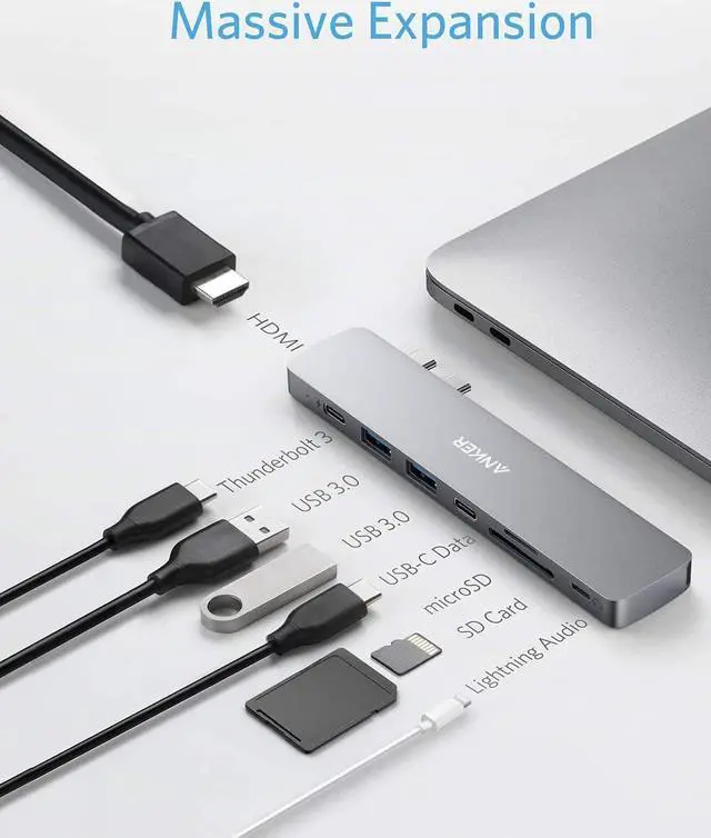 Alt view image 3 of 7 - Anker USB C Hub for MacBook, PowerExpand Direct 8-in-2 USB C Adapter Compatible with Thunderbolt 3 USB C Port, 4K HDMI Port, USB C and USB A 3.0 Data Ports, SD and microSD Card Reader, Lightning Audio
