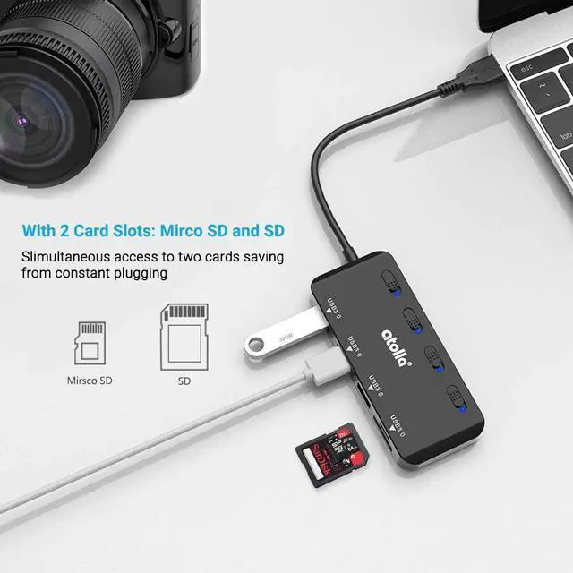 Alt view image 4 of 7 - USB SD Card Reader, atolla USB Hub with SD/Micro SD Card Reader, USB Splitter with 3 USB Ports, 2 Card Slots and Individual LED Power Switches