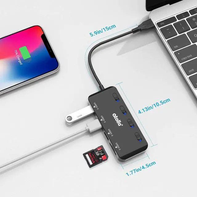 Alt view image 7 of 7 - USB SD Card Reader, atolla USB Hub with SD/Micro SD Card Reader, USB Splitter with 3 USB Ports, 2 Card Slots and Individual LED Power Switches