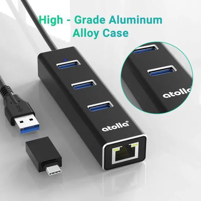Alt view image 4 of 7 - USB 3.0 Hub Ethernet with USB C Adapter, 3 Port USB 3.0 Splitter Gigabit Ethernet Hub + USB C HUB Network RJ45 1000Mbps USB Extender