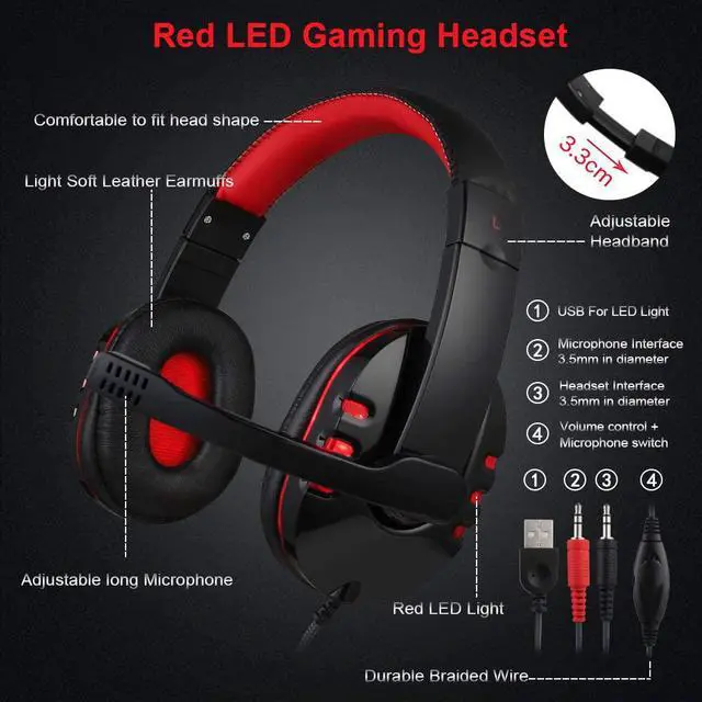 Alt view image 4 of 7 - Gaming Keyboard Mouse Headset Combo,USB Wired Crack Backlit Keyboard,114 Keys Letters Glow LED Keyboard,Red LED Light Headset for Laptop PC Computer Work and Game