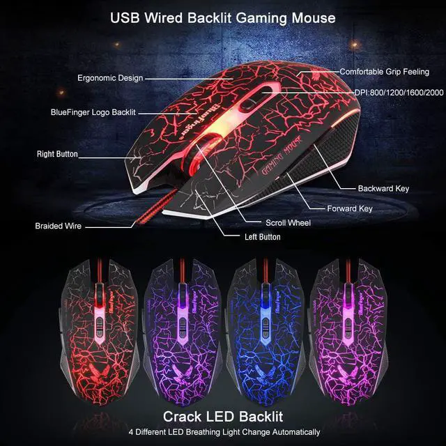 Alt view image 6 of 7 - Gaming Keyboard Mouse Headset Combo,USB Wired Crack Backlit Keyboard,114 Keys Letters Glow LED Keyboard,Red LED Light Headset for Laptop PC Computer Work and Game