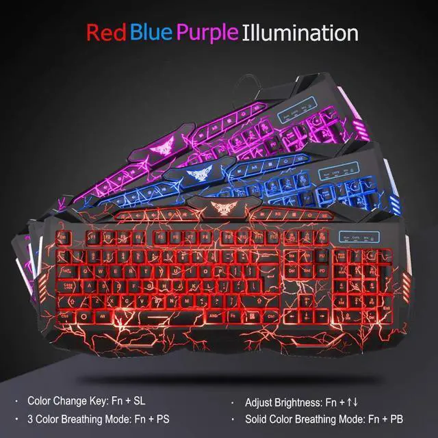 Alt view image 2 of 7 - Gaming Keyboard Mouse Headset Combo,USB Wired Crack Backlit Keyboard,114 Keys Letters Glow LED Keyboard,Red LED Light Headset for Laptop PC Computer Work and Game