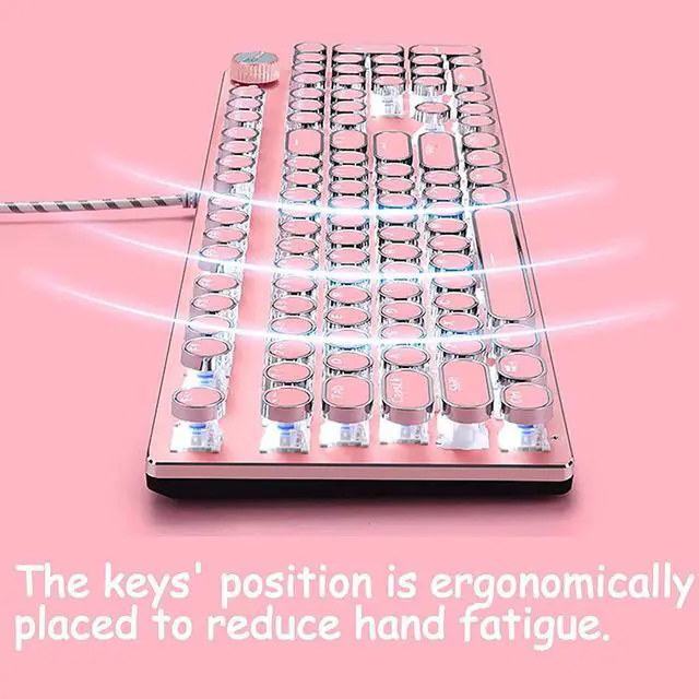 Alt view image 7 of 7 - CC MALL Gaming Keyboard,Retro Punk Typewriter-Style, Blue Switches, White Backlight, USB Wired, for PC Laptop Desktop, Stylish Round keycaps Mechanical Keyboard (Pink)