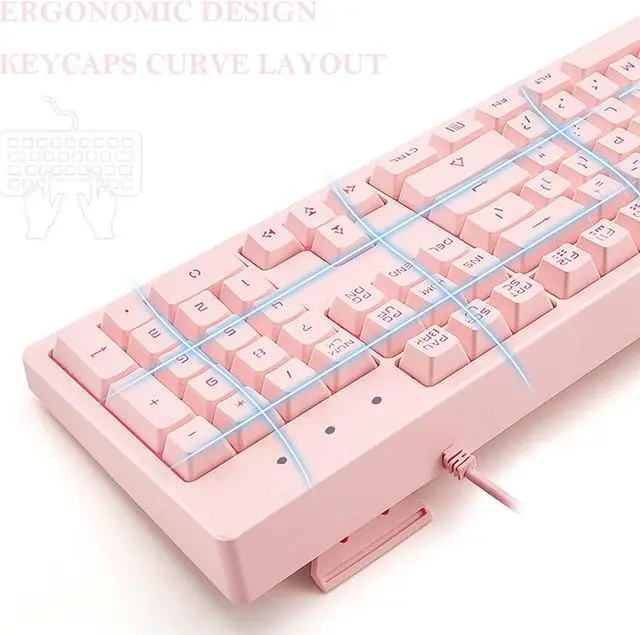 Alt view image 2 of 7 - Basaltech Pink Keyboard with 7-Color LED Backlit, 104 Keys Quiet Silent Light Up Keyboards, 19-Key Anti-Ghosting Cheap Gaming Keyboard Mechanical Feeling Waterproof Wired USB for Computer, Mac, Laptop