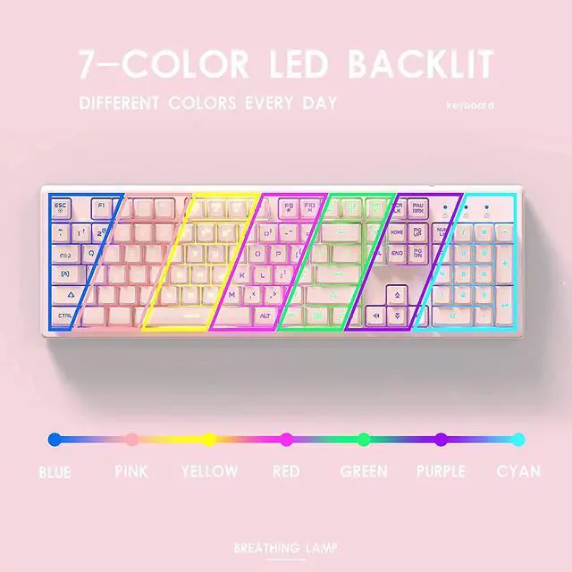 Alt view image 3 of 7 - Basaltech Pink Keyboard with 7-Color LED Backlit, 104 Keys Quiet Silent Light Up Keyboards, 19-Key Anti-Ghosting Cheap Gaming Keyboard Mechanical Feeling Waterproof Wired USB for Computer, Mac, Laptop