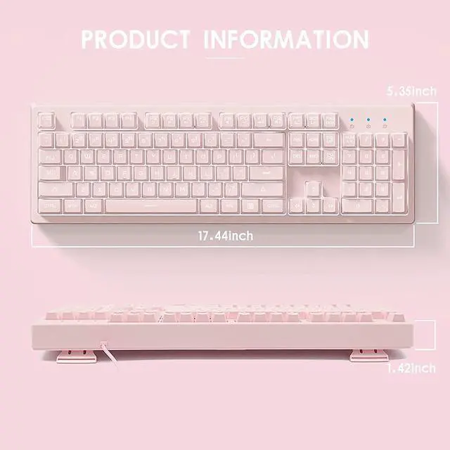 Alt view image 5 of 7 - Basaltech Pink Keyboard with 7-Color LED Backlit, 104 Keys Quiet Silent Light Up Keyboards, 19-Key Anti-Ghosting Cheap Gaming Keyboard Mechanical Feeling Waterproof Wired USB for Computer, Mac, Laptop