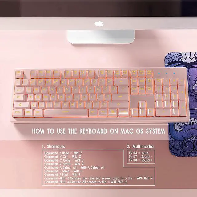 Alt view image 7 of 7 - Basaltech Pink Keyboard with 7-Color LED Backlit, 104 Keys Quiet Silent Light Up Keyboards, 19-Key Anti-Ghosting Cheap Gaming Keyboard Mechanical Feeling Waterproof Wired USB for Computer, Mac, Laptop