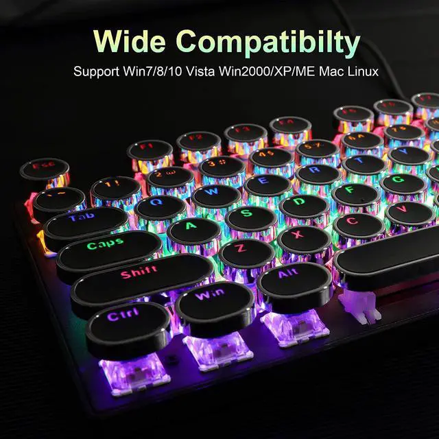 Alt view image 7 of 7 - Camiysn Typewriter Style Mechanical Gaming Keyboard, Black Retro Punk Gaming Keyboard with RGB Backlit, 104 Keys Blue Switch Wired Cute Keyboard, Round Keycaps for Windows/Mac/PC