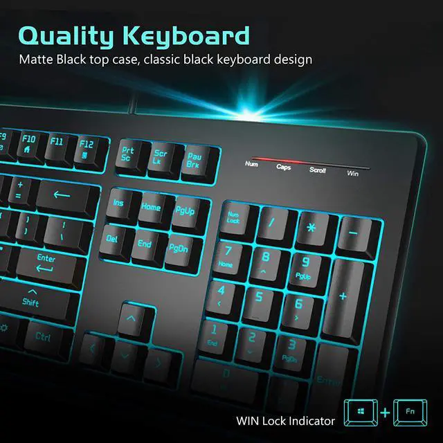 Alt view image 3 of 6 - Light Up Quiet Gaming Keyboard - Membrane Silent Wired Keyboard with Low Profile Lighted Key for Computer, Windows PC Gamer - Full Size, Black