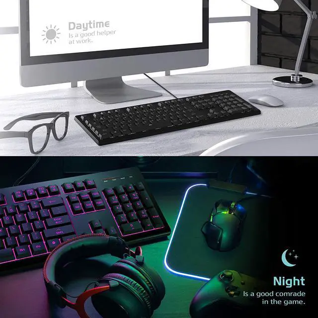 Alt view image 6 of 6 - Light Up Quiet Gaming Keyboard - Membrane Silent Wired Keyboard with Low Profile Lighted Key for Computer, Windows PC Gamer - Full Size, Black