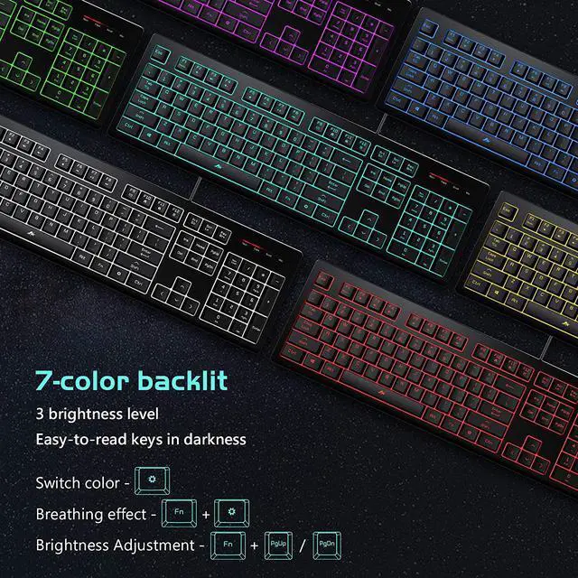 Alt view image 4 of 6 - Light Up Quiet Gaming Keyboard - Membrane Silent Wired Keyboard with Low Profile Lighted Key for Computer, Windows PC Gamer - Full Size, Black