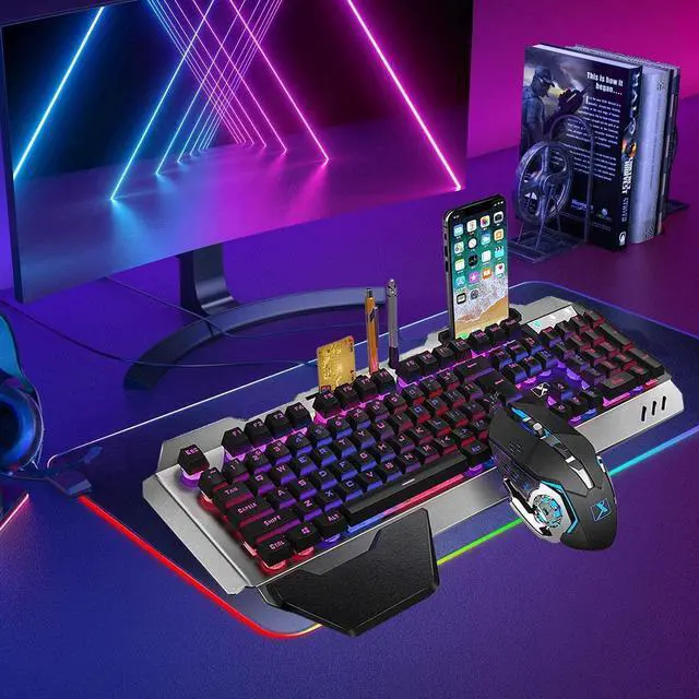 Alt view image 2 of 7 - FELiCON Wired Game Keyboard and Mouse Combo, RGB LED Backlit Mechanical Feel Keyboard with Hand Rest Phone Holder,and 6 Button 3200 DPI Mice and Large RGB Mouse Pad for Computer Gamer Office